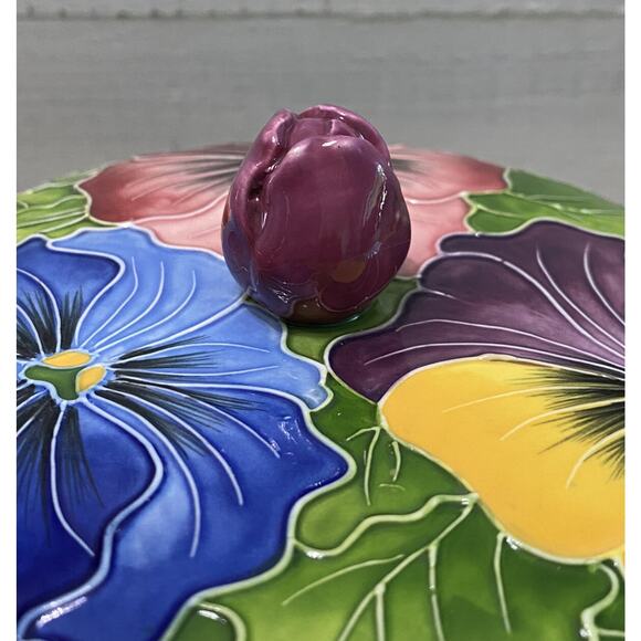 New NIB 2004 J. McCall Lidded Trinket Candy Dish Blue Skys Pansy & Rose Flowers - Picture 6 of 12